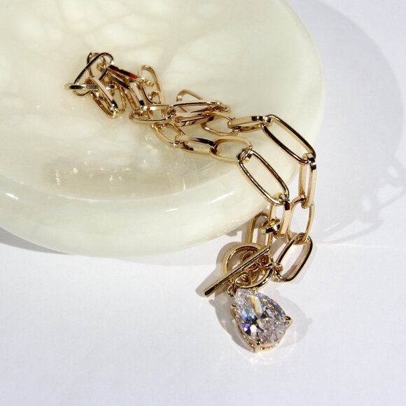 Gold Tone Paper Clip Link Necklace with a Clear Crystal Pendant - Picture 8 of 9